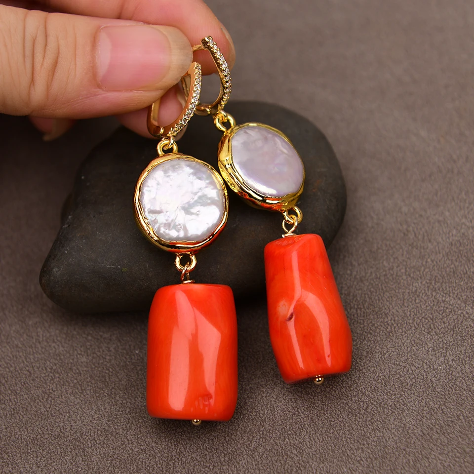 GG Culture Prírodná biela minca Keshi Pearl Orange Coral Coral Cylinder Cz Hook náušnice Lady Holidary Jewelry Darček