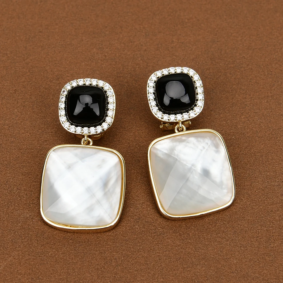 GG Natural Square Facept White Sea Shell Matka perla Onyx Cz Stud náušnice kvapky náušnice Ženy denne nosiť šperky