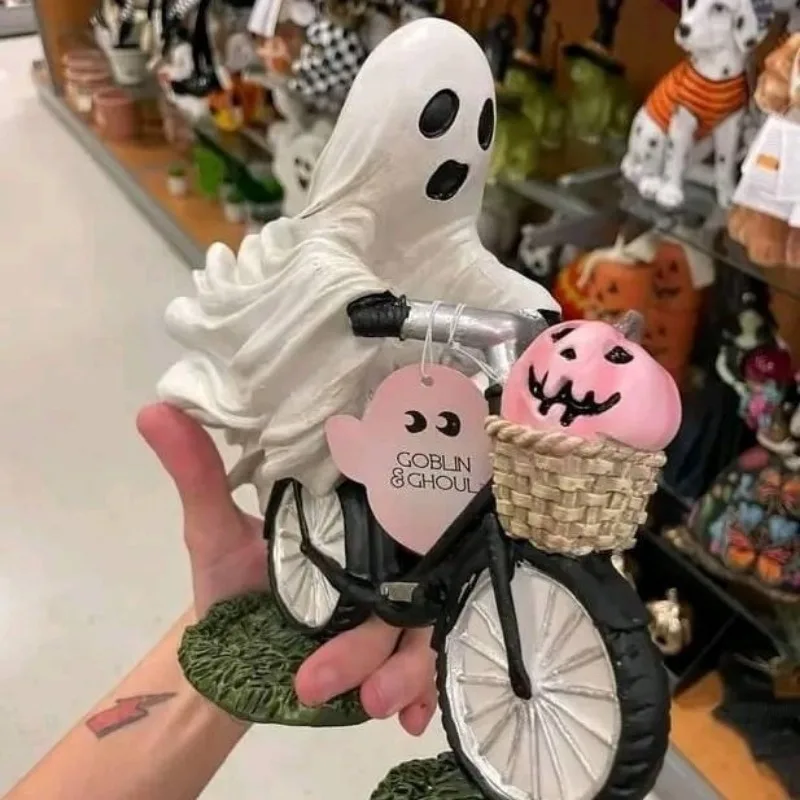 Ghost Bicycle Rider a Pink Pumpkin Halloween Desktop Decoration Pink Pumpkin Ghost Bicycle Party Ozdob Ozdob