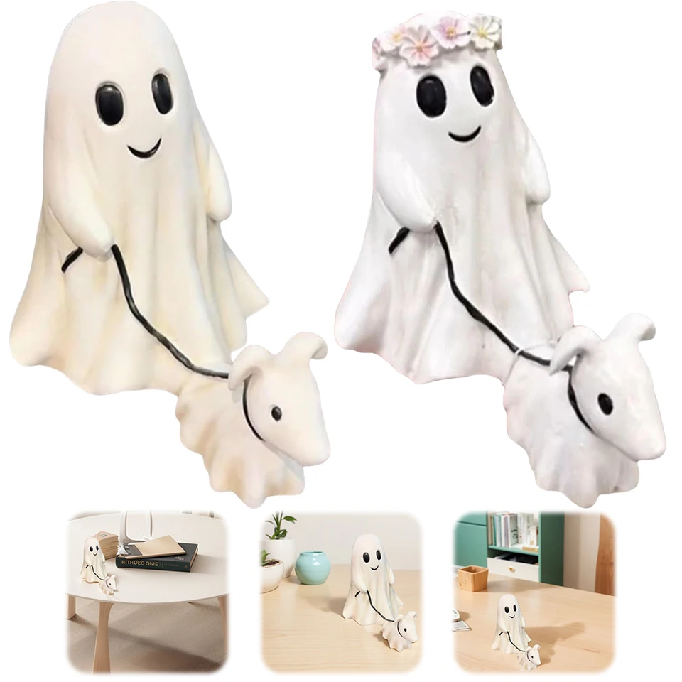 Ghost Walking Dog Sochy Domáce dekorácie Roztomilý duch kreatívne ozdoby Halloween Duch psa socha živicí remeselnícke darček pre priateľov