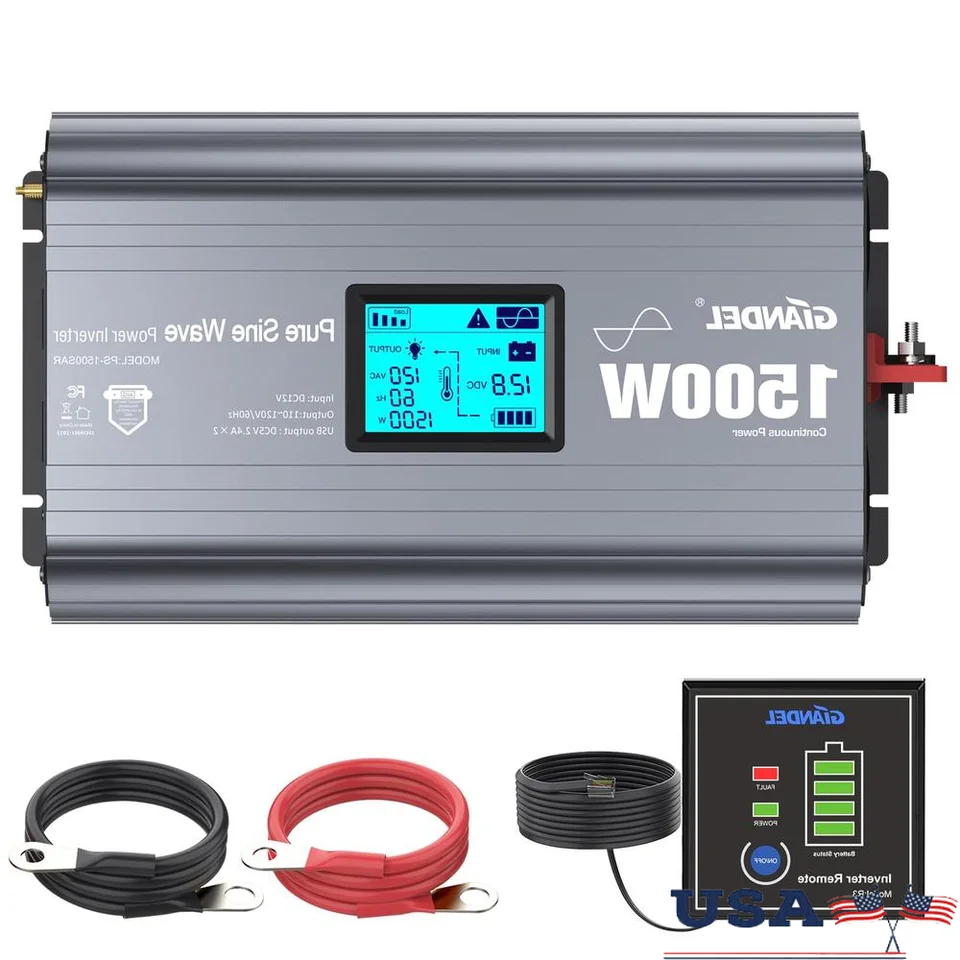 Giandel Pure Pure Sine Wave Inverter 1500 watt Low Low EMI FCC schválené prevody DC 12V na AC 120V s LCD displejom 3xac zásuvky a