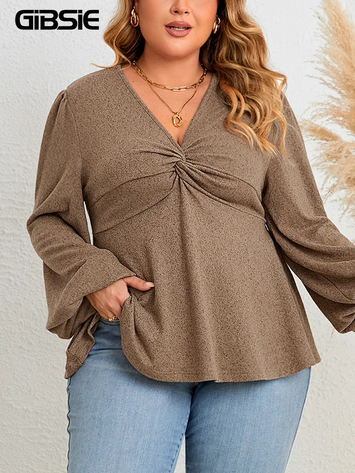 Gibsie plus veľkosť neformálne v krku Twist predné peplum top ženy móda 2023 Jeseň Nový vinobranie plná lucerná rukávová blúzka tuniky
