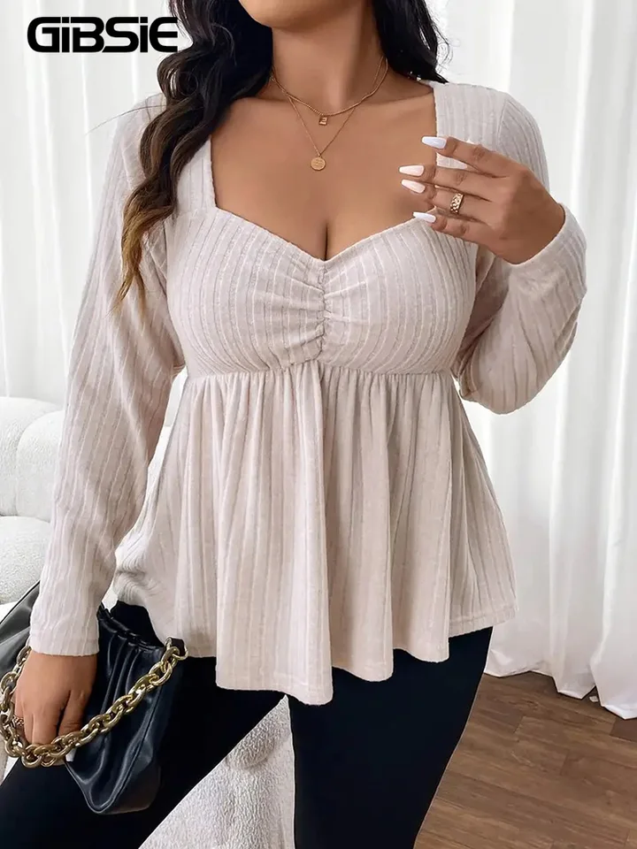 Gibsie plus veľkosť srdiečku krk Solid peplum blúzka Ženy jar pádu dlhý rukáv americký elegantný štýl tenký krátky vrchol
