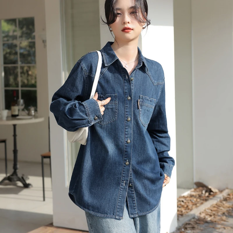 Gidyq Streetwear Women Denim košele Kórejská móda ženská voľná blúzka Spring Casy All Match Metal Button Dlhý rukáv košele