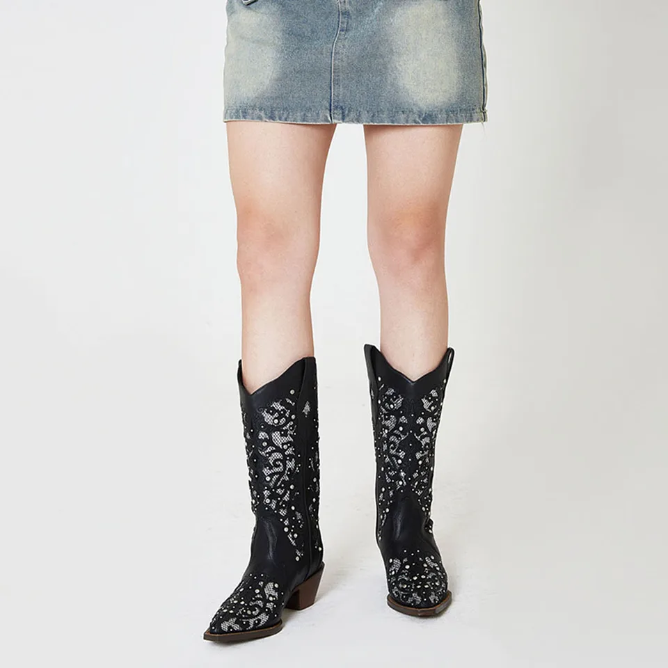 Gigifox cowgirl kamienok Western Mid-Calf topánky pre ženy blok strednú pätu pull-on špicaté špičky dutiny retro kovbojské topánky