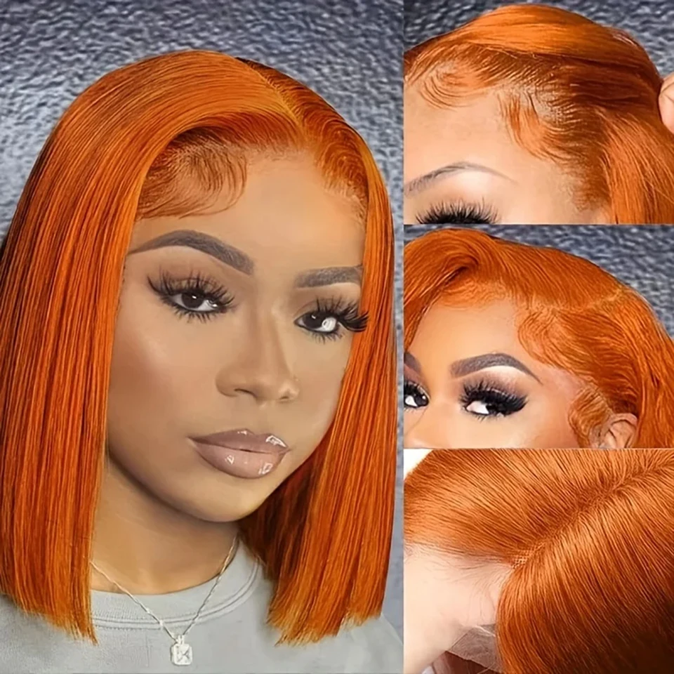 Ginger Orange 4x4 Lace Uzáver Parochne ľudské vlasy Rovná krátka bobová parochňa Priehľadná čipka vopred pretrhnutá pre ženy 180% hustota