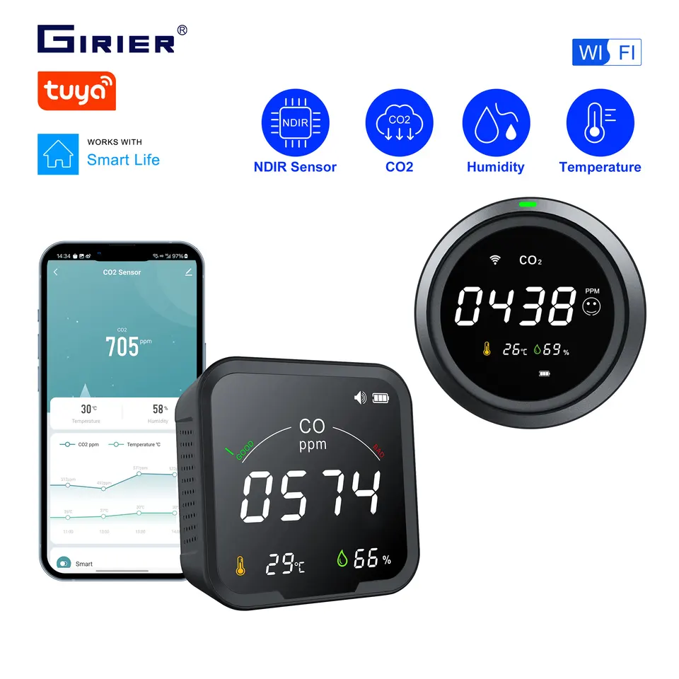 GIRIER TUYA SMART WIFI CO2 senzor teploty vlhkosti oxidu uhličitého s veľkou LCD obrazovkou 3 v 1 funguje inteligentná životná aplikácia