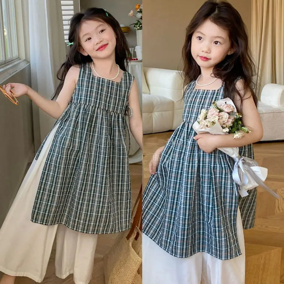 Girls Clothing Sets Európske a americké pouličné módy Móda dlhé šachovnice +široké nohavice 2ks pre letné detské obleky