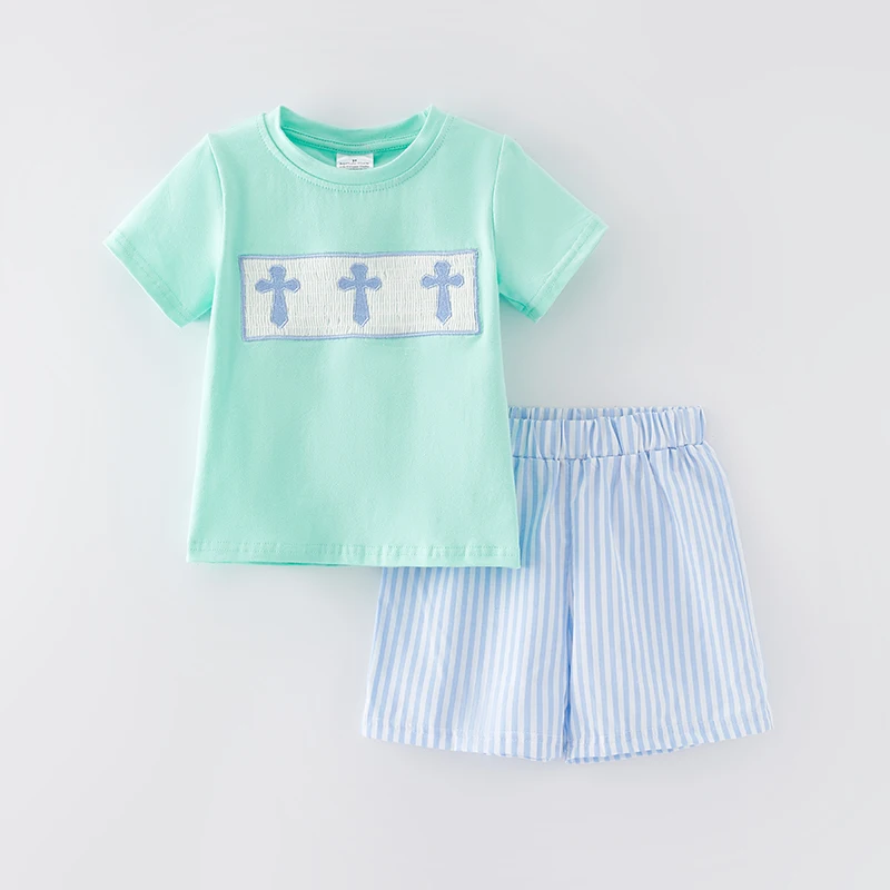 Girlymax Boys Veľkonočný kríž výšivok Smocked s krátkym rukávom Top+pruhované šortky súpravy oblečenia Boutique Kids Clothing