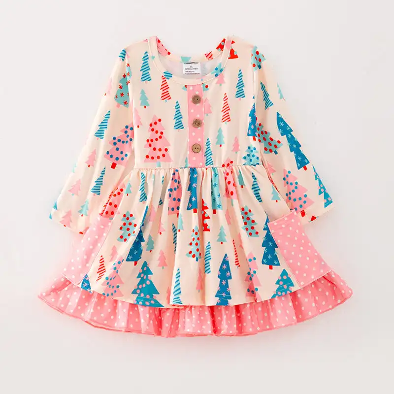 Girlymax jeseň Zimné vianočné dievčatá vianočný stromček potlač vo vreckových šatách s dlhým rukávom Boutique Detské oblečenie