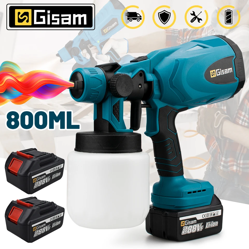 Gisam Electric Spray Gun 800 ml High -High -Hermals Rucked Electric Paint Spray Domov DIY Power nástroj pre batériu Makita 18V