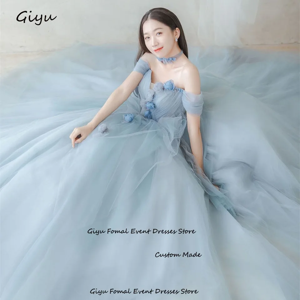 Giyu Fairy 3D Sledovatelia Kórea Svadobné šaty Photoshoot Blue A-line miláčik obojok podlahové dĺžky svadobné šaty večerné šaty