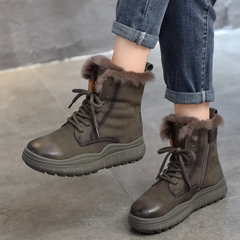 Gktinoo 2025 Zimná nová originálna kožená hrubá podrážka s kožušinami skutočné krátke topánky Dámske platforma Side Zipper Snow topánky