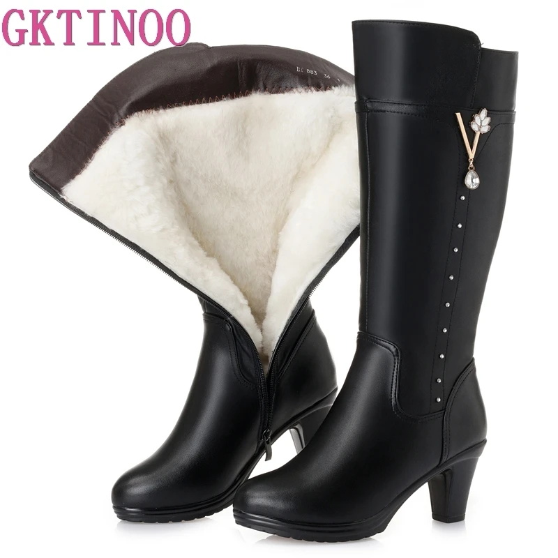 Gktinoo zimné koleno vysoké topánky High Wear Wool Fur topánky Žena vysoké podpätky mäkká koža nekĺzajú dámske zimné topánky obuv