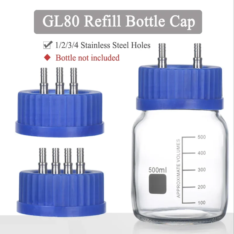 GL80 Doplnková fľaša Blue Cap Covers Covers s ním s 1/2/3/4 z nehrdzavejúcej ocele Diešové otvory na čele vlákna Reagent fľaša