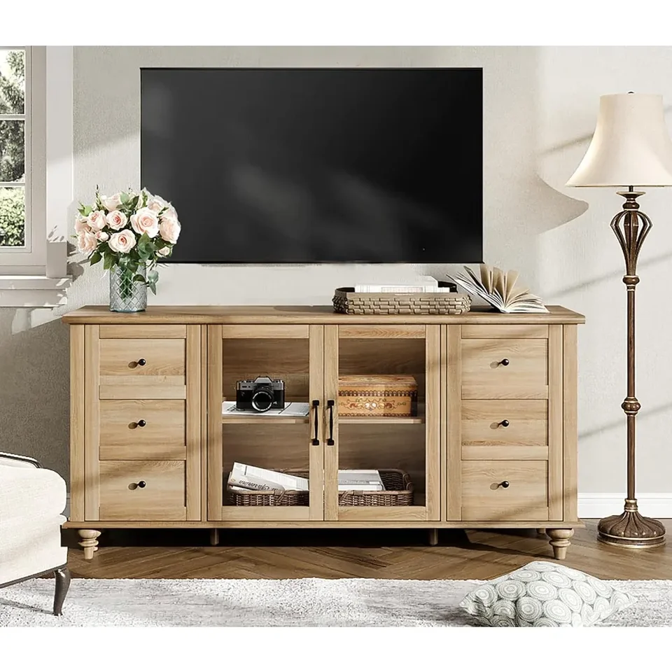 Glass Door Farmhouse TV stojan pre televízory až do 75 palcov, Wood Universal TV Console Table so 4 skladovacími skrinkami