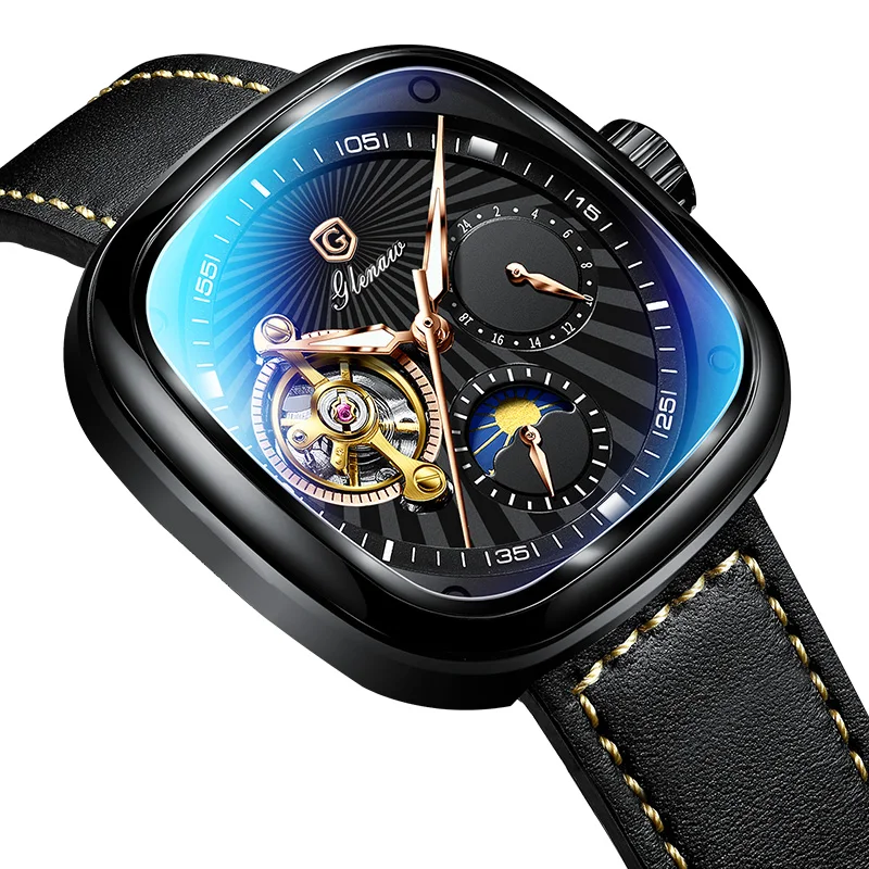 Glenaw Automatické hodinky Square Skeleton Strysle oceľový pás Mechanické business Clock Waterproof Night Glow Relogio Masculino