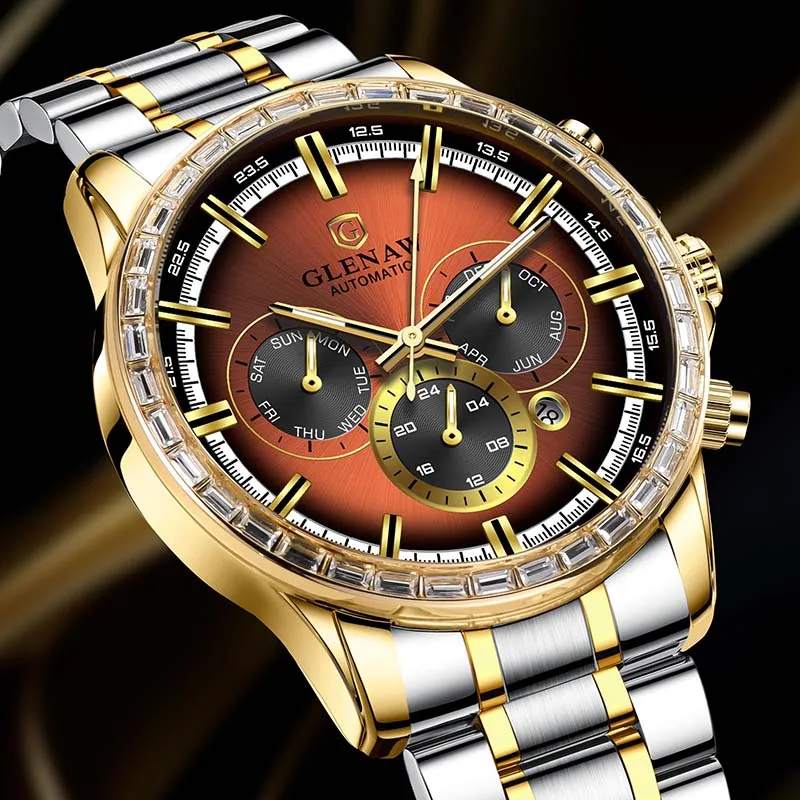 Glenaw High-end Brand Originálne pánske hodinky Plne automatické mechanické hodinky Business Waterproof Luminous Multifunction Watch