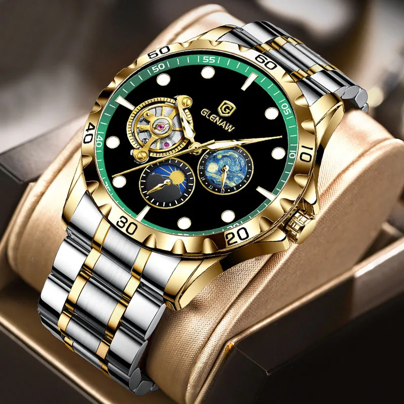Glenaw nová brand Moon Phase Luxury Man Watch z nehrdzavejúcej ocele nepremokavé hodinky pre mužov Mechanické svetelné hodinky Pánske hodinky hodiny