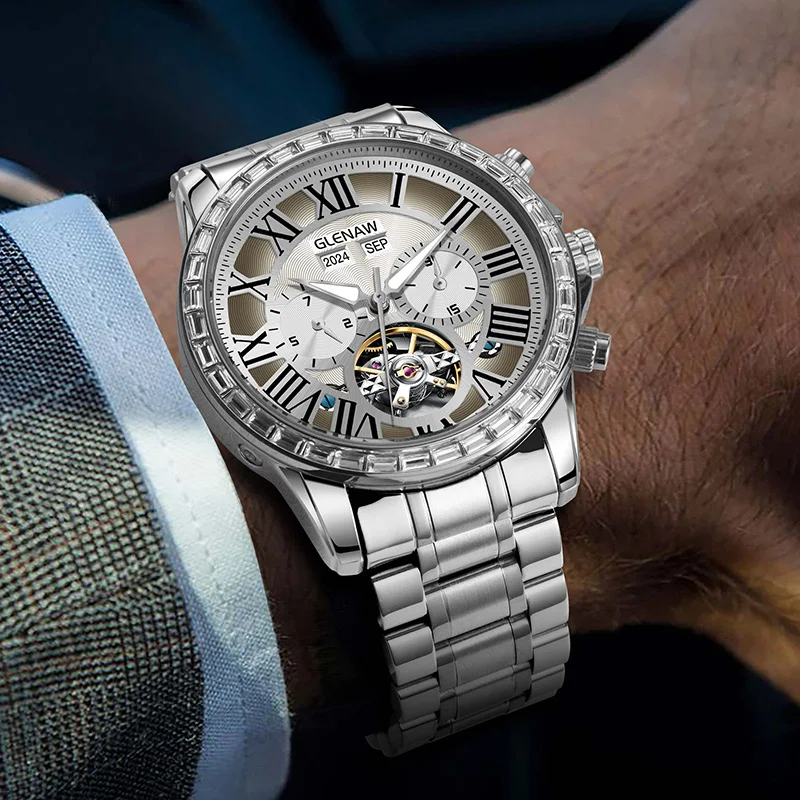 Glenaw originálne plne automatické mechanické multifunkčné hodinky Pánske módne high-end Trend Waterproof pre mužov
