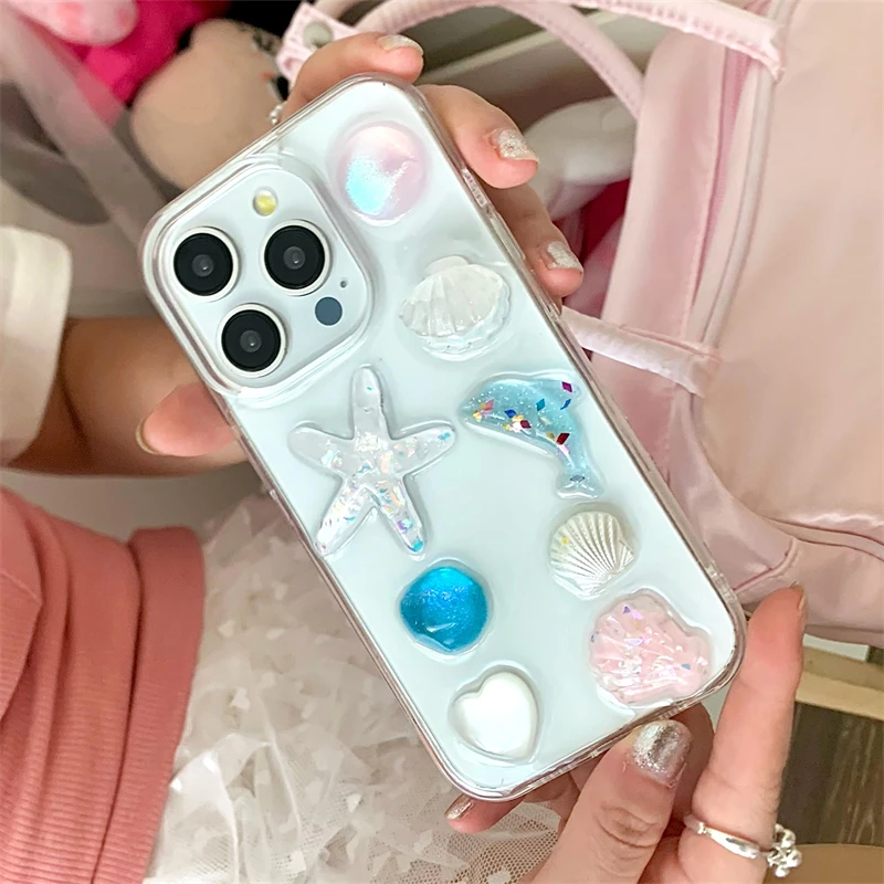Glitter 3D flother Ocean Dolphin Starfish Clear Puzdro pre iPhone 16 15 14 13 12 11 Pro Max Plus Mini X Girl Cute Epoxy Cover