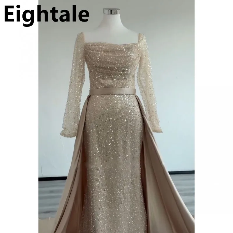 Glitter Champagne Mermaid Večerné šaty Odnímateľná sukňa Flitry s dlhým rukávom Prom Dubai Formálne večierky Prispôsobené prispôsobené