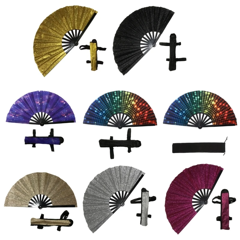 Glitter Hand Fan Elegantný dekoratívny fanúšik pre mužov aj ženy Darček zahŕňa praktickú vrecko na prenášanie a remienok
