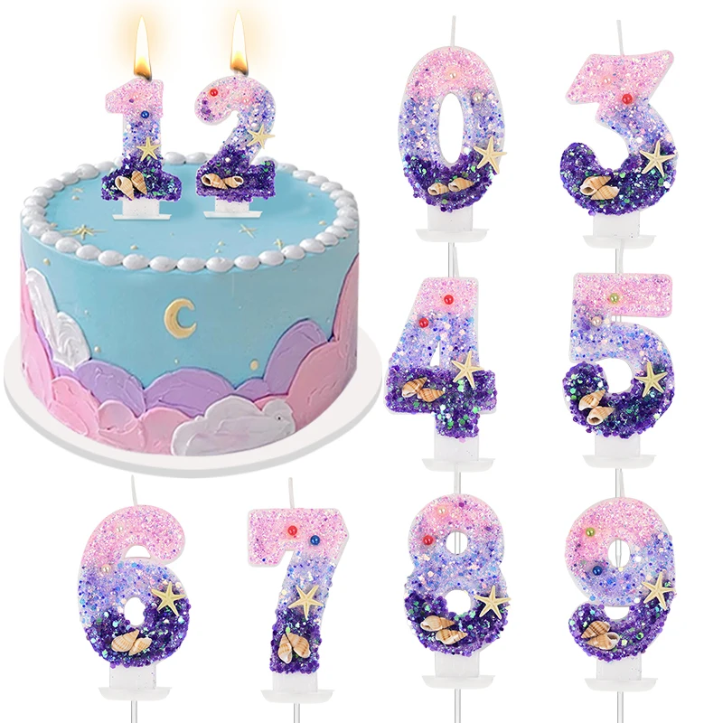 Glitter Mermaid Cakes Topper Gradient Purpurové číslo 0-9 Sviečky Cake Toppers Dievča narodeninovej oslavy dezert pečenie Decor