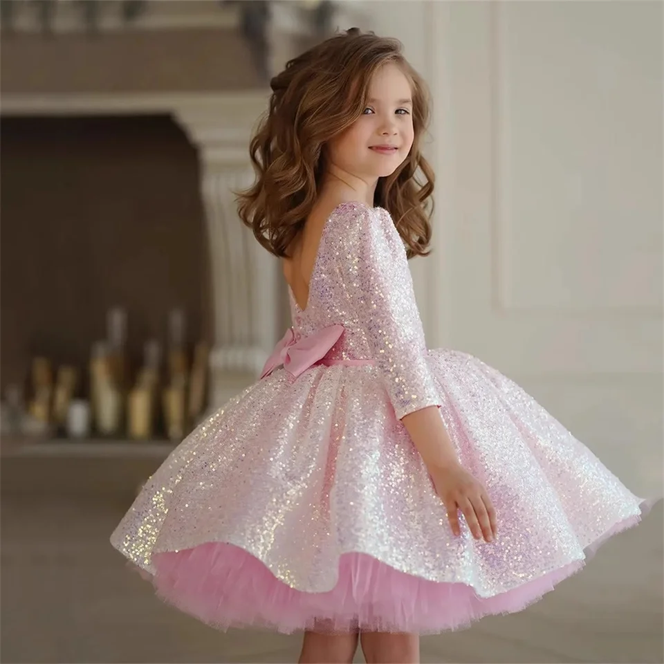 Glitter Pink Girl Šaty koleno dĺžka princezná Dres kvetinové šaty šaty roztomilé dievčatko šaty dievčatko narodeninové oslavy šaty