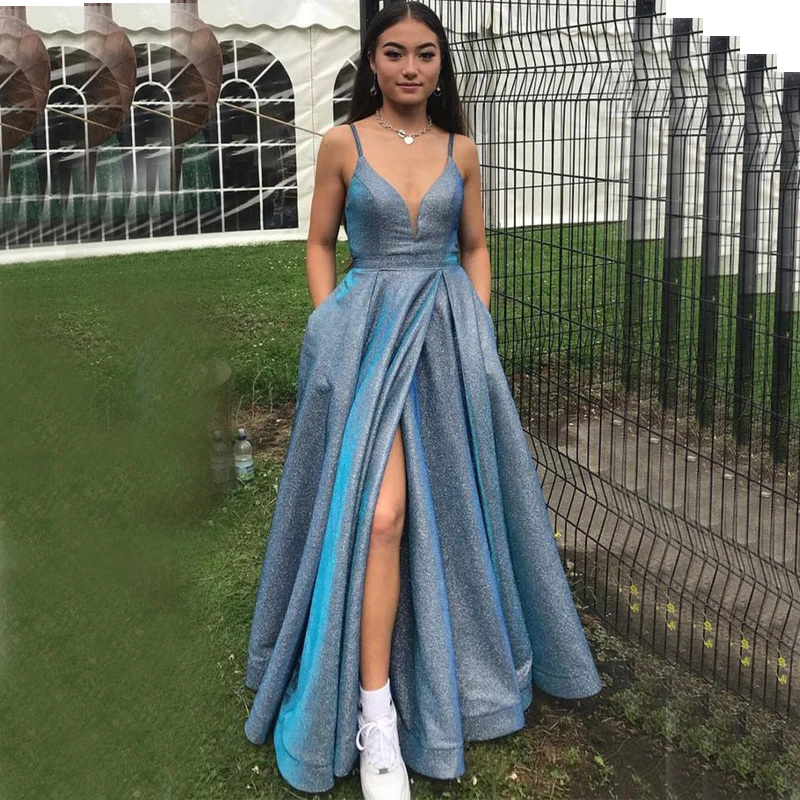 Glitter Prom šaty dlhé špagety rozdelenú podlahovú dĺžku dĺžka linky Pleats promócie narodeninové šaty pre čierne dievčatá prispôsobené