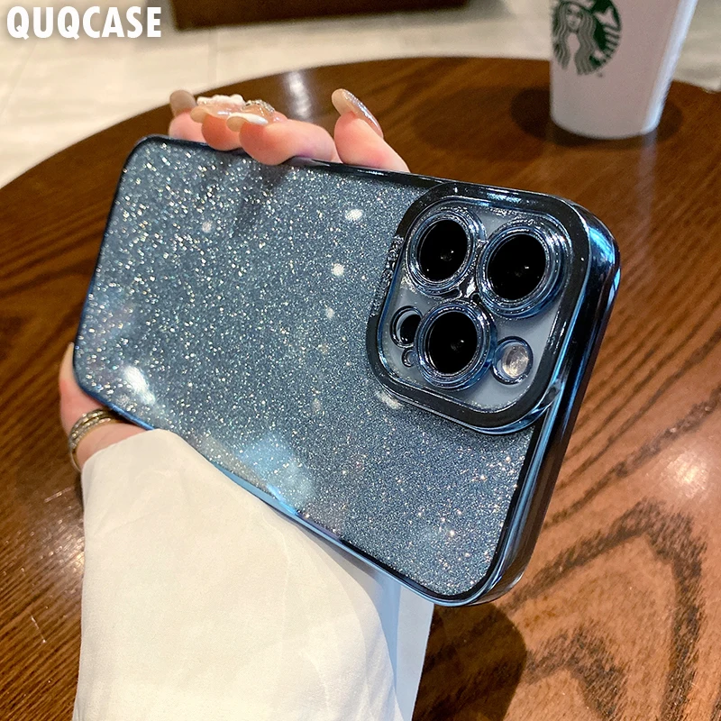 Glitter Square Plating Blue puzdro pre iPhone 14 13 Pro Max 11 12 Mini XR X XS Max 6 7 8 Plus SE 2020