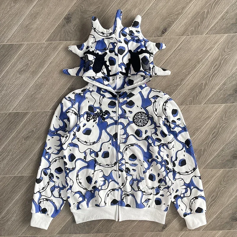 Glo gang sláva Full Zip Drink Blue Cartoon tlačená zipsová mikina