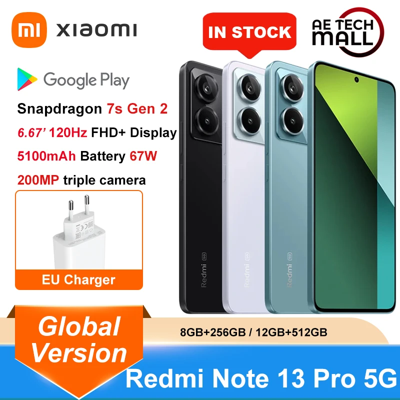 GLOABL Verzia Xiaomi Redmi Poznámka 13 Pro 5G Smartphone Snapdragon 7S Gen 2 200 MP OIS Camera 67W Turbo nabíjanie 120 Hz AMOLED NFC