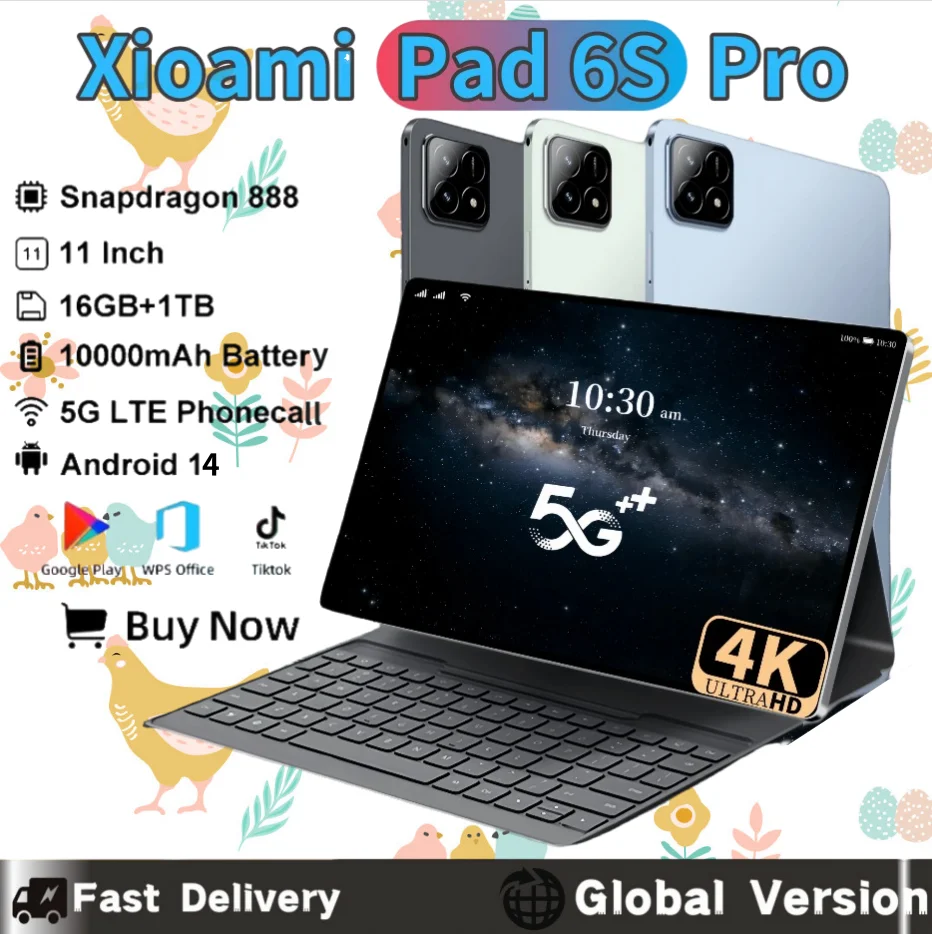 Global Edition PAD 6S Pro Tablet Xioami Android 14 11-palcový HD 16GB+1TB 10000MAH 5G Bluetooth WiFi GPS Softvér Notebook
