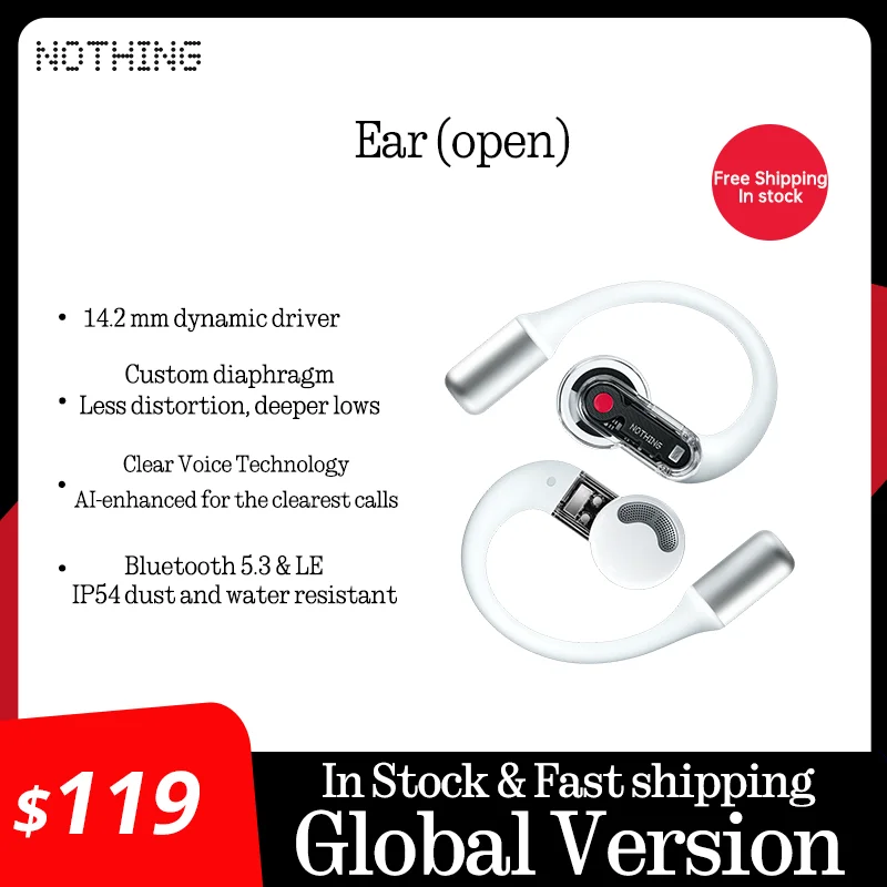 Global Versio Original Nothing Nothing Ear (otvorené) Otvorené slúchadlá Bluetooth 5.3 Prispôsobiteľné EQ IP54 Vodotesné chatgptové slúchadlá