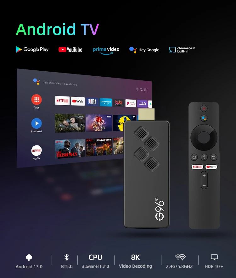 Globálna verzia G96 TV Stick Assistant Android13.0 4K Allwinner H313 Quad Core Prenosné streamingové médiá Multi jazyk