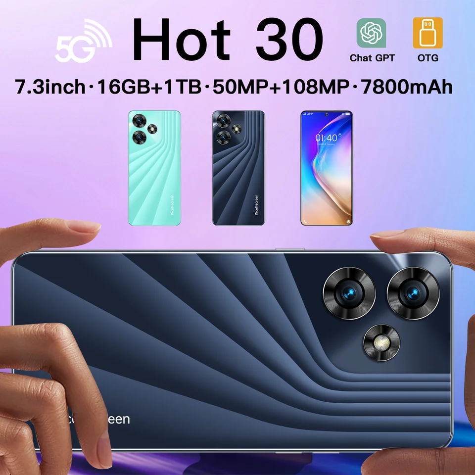 Globálna verzia Hot 30 Smartphone 5G 7,3 palca HD obrazovky 7800 mAh Dimensity 9200 Android 13 Mobilný telefón odomknutý celulares