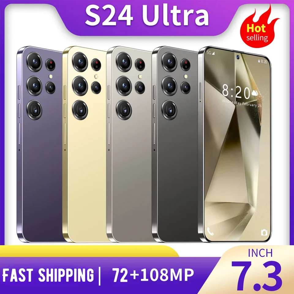 Globálna verzia S24 Ultra Smartphone 4G 5G 7.3HD Originálne duálne SIM mobilné telefóny Android 14 mobilný telefón 7800 mAh inteligentné mobilné telefóny