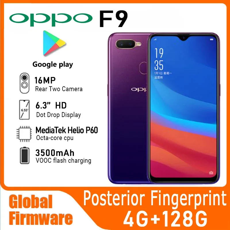 Globálny firmvér Smartphone OPPO F9 6.3-palcový mediatek Helio P60 Verzia Android 8.1ram 4 GB ROM128GB