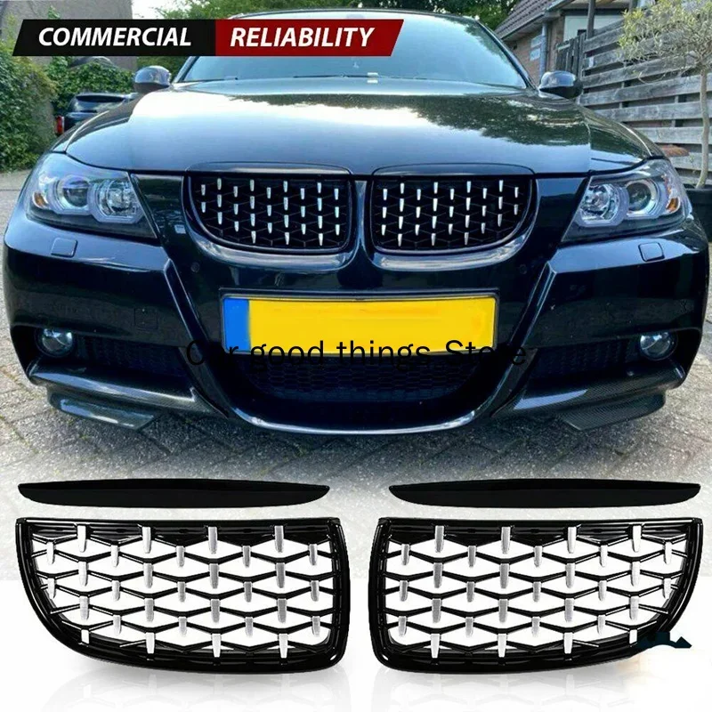 Gloss Black & Chrome Diamond Meteor Meteor Najnovšia mriežka pre -BMW 3 Series E90 E91 325I 328i 335i Pre-LCI 2005-2008