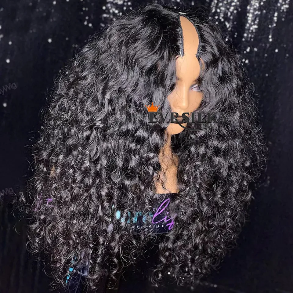 Glueless Jerry Curly 100% ľudské vlasy V Časť parochne stredná časť 250 hustota peruánska remy vodná vlna u časť tvar