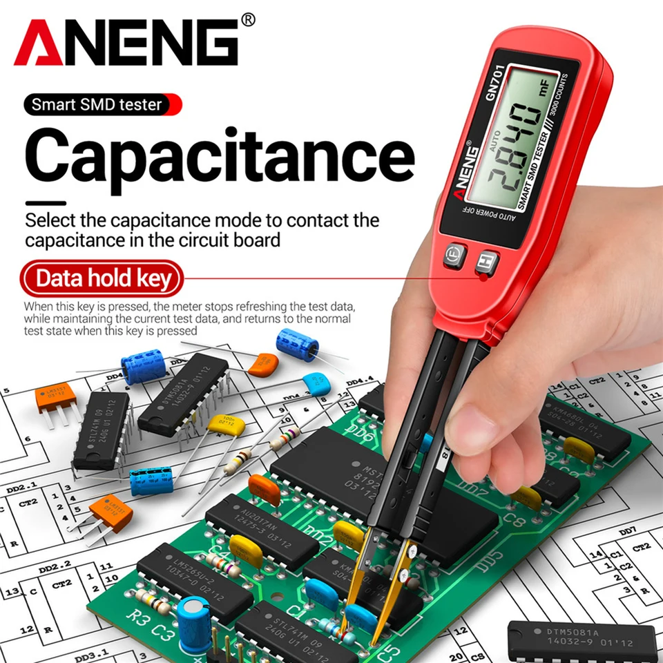 GN701 SMART SMD Tester Testovacie klipy TWEEZERS LCD Zobrazujú digitálny odpor digitálneho odporu kontinuitu kontinuitu Diode Tester pre elektrikári