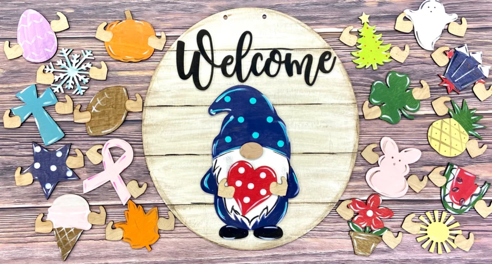 GNOME DOORE DNES Deň matiek vítaný znak s vymeniteľnými dovolenkovými kusmi pre verandu predných dverí visiaci ručne vyrobený darček