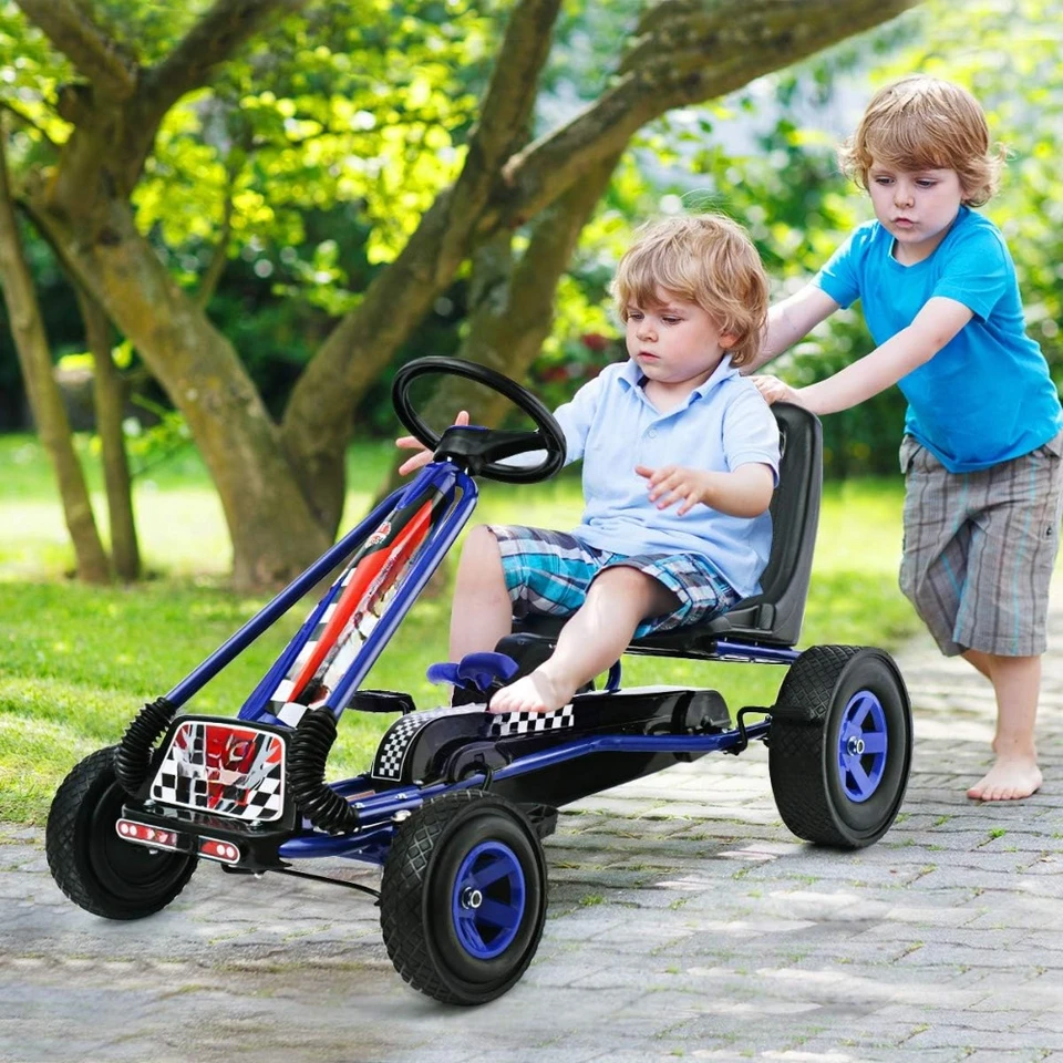 Go Kart for Kids, 4 kolesá v teréne Choďte vozík s nastaviteľným sedadlom, 2 bezpečnostné brzdy, pneumatiky Eva gumy, vonkajšie na pedálovom aute