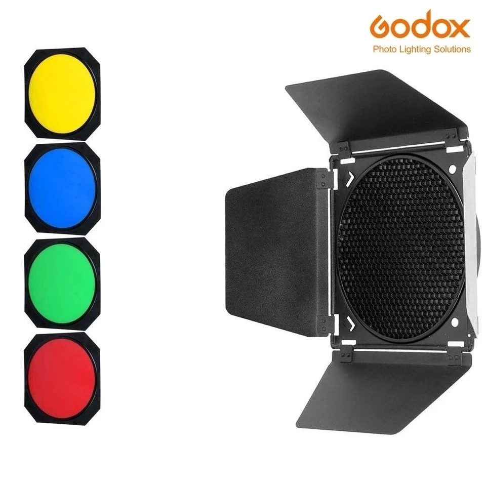 Godox BD-04 Barn Door s voštinovou mriežkou a 4 farebnými gélovými filtrami