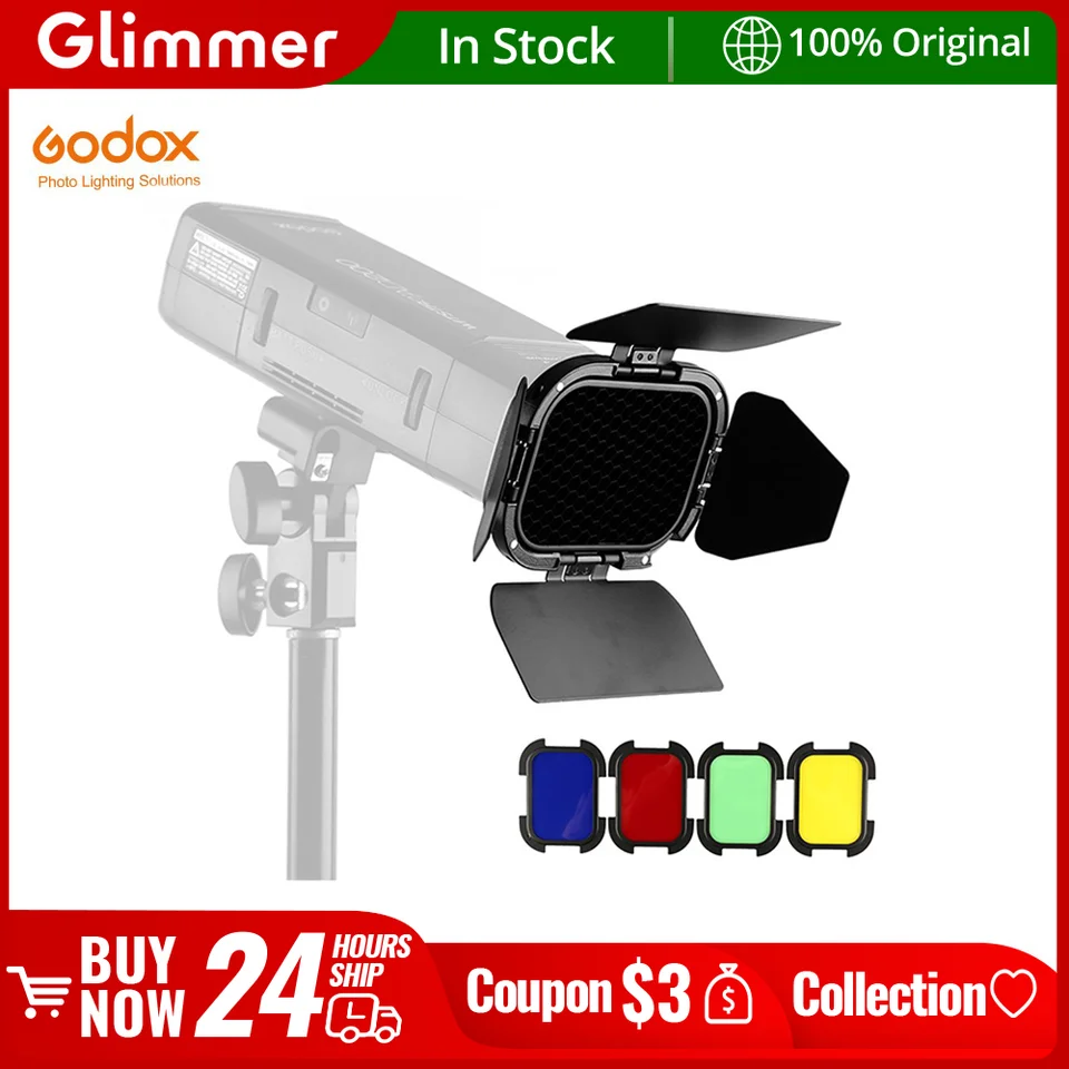 Godox BD-07 Dvere stodoly s odnímateľnými voštinovými mriežkami a 4 farebnými gélovými filtrami pre Godox AD200 vrecko Speedlite