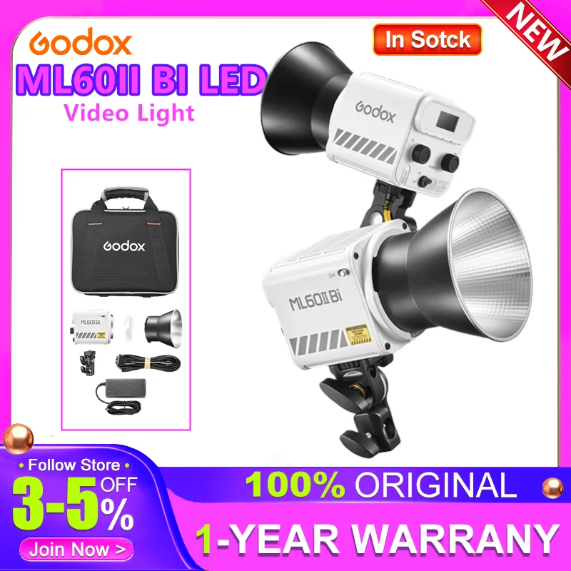 GODOX ML60II BI 2800K -6500K LED VIDEO VIDEO Svetlo Tichý režim prenosný jas