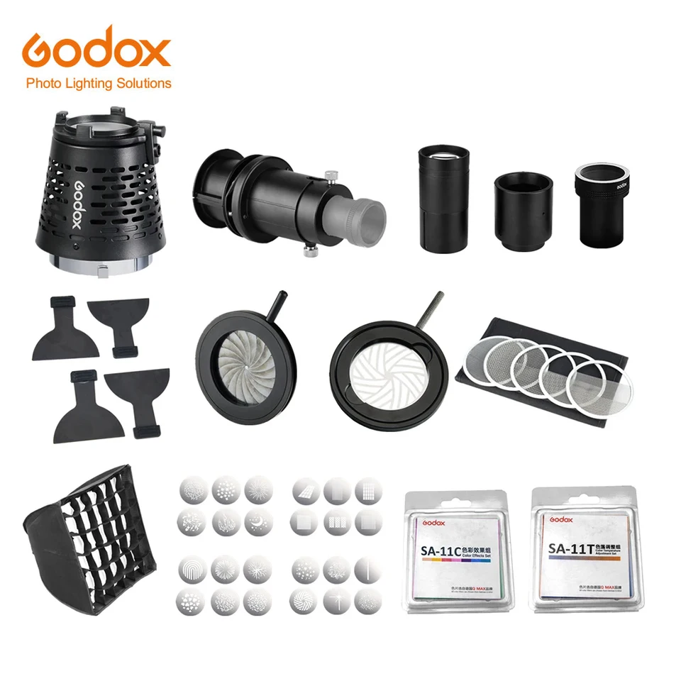 GODOX S30 S60 S60BI Focus LED LED ACTIVE PROMECCIERS PROMECCIENCE SEST SA-P GOBO SA-09 SA-10 Farebné gély SA-11 Softbox SA-30 SA-30