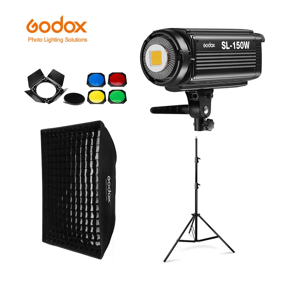 Godox SL-150W SL150W 5600K Biela verzia LCD Panel Continuous LED Video Light + 70x100cm SoftBox + 2,8 m Svetlý stojan + stodol