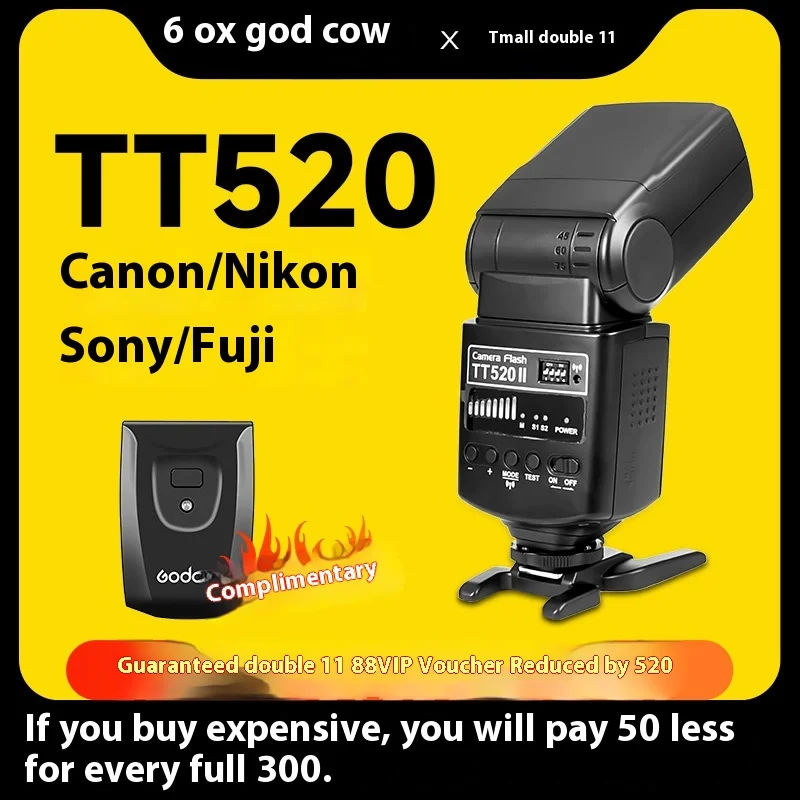 Godox Thinklite Camera Flash TT520II s bezdrôtovým signálom 433 MHz pre kamery Canon Nikon Pentax Sony Fuji Olympus DSLR.